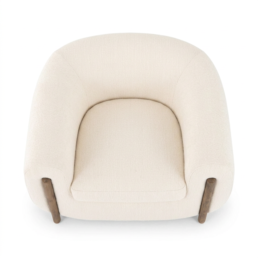 Norvelle ivory barrel armchair, overhead view on white
