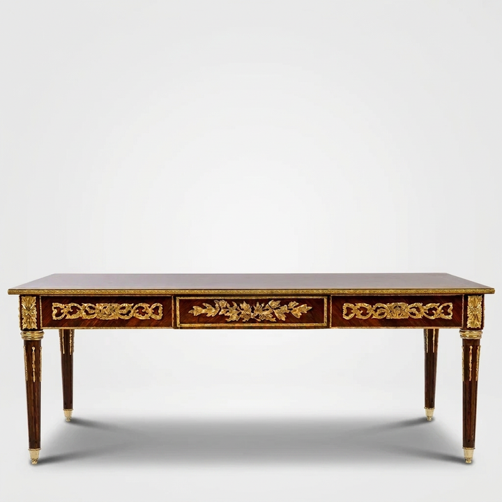 Luvienne rectangular coffee table, straight elevation showing tapered legs and gold-toned apron details