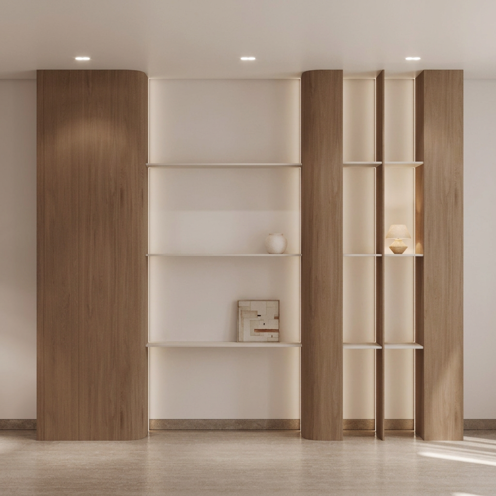 Elara Illuminated Shelving Wall front view