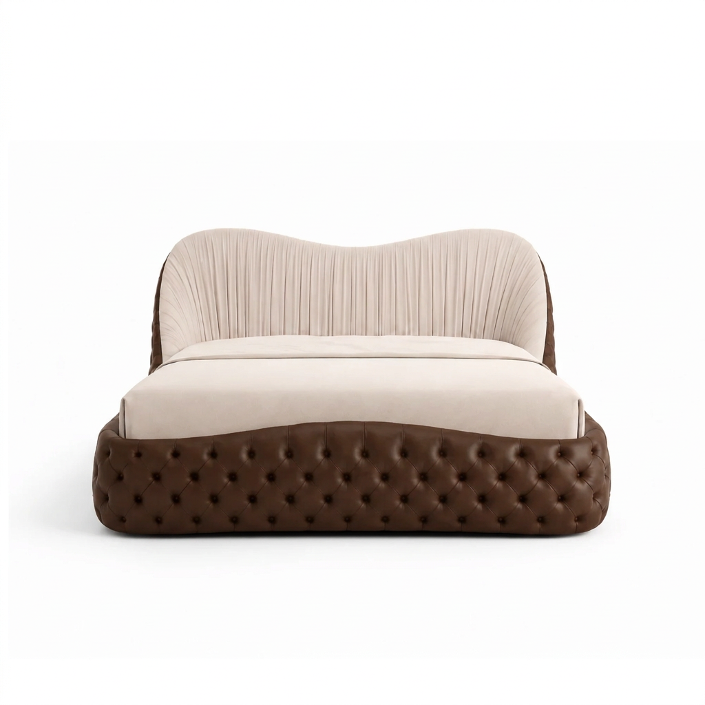 Bellavere beige and brown tufted upholstered bed front view on white