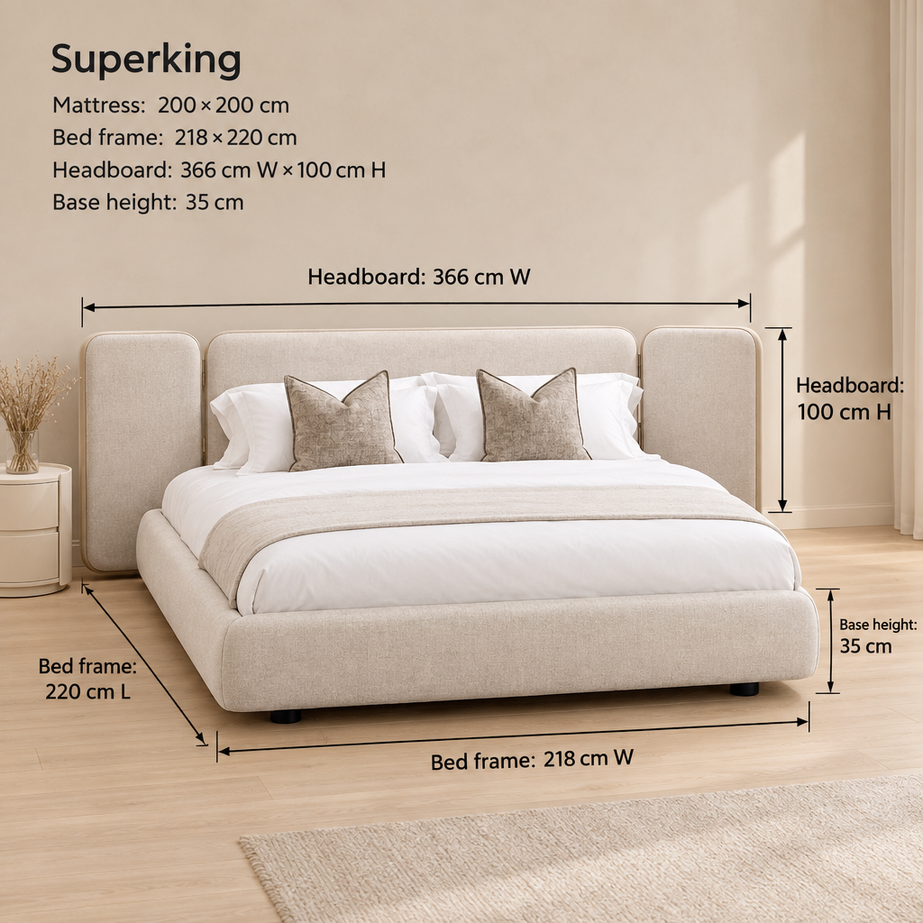 Marlow Superking dimensions: mattress 200 x 200 cm, bed frame 218 x 220 cm, headboard 366 cm wide x 100 cm high, base 35 cm high