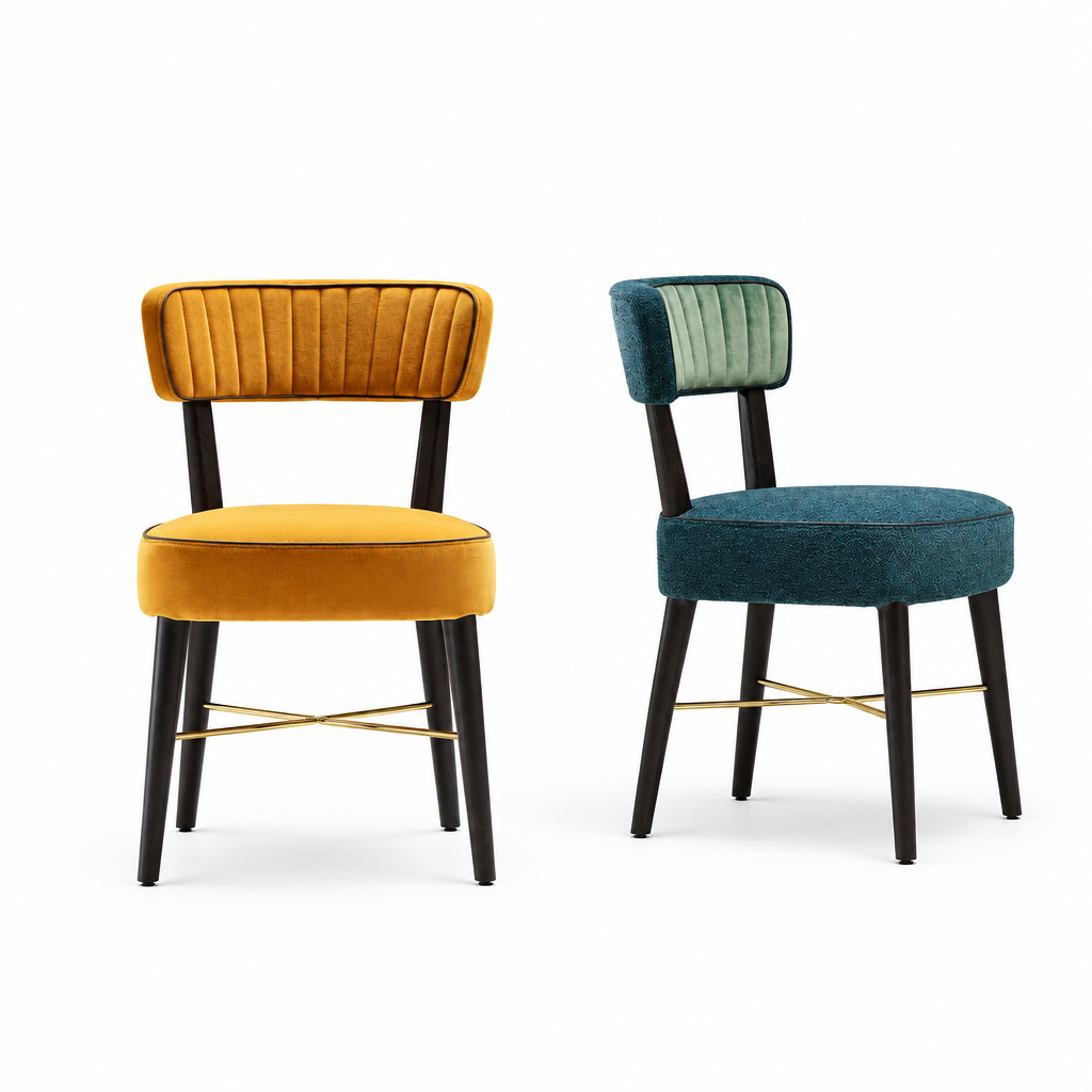 Mira dining chair blue and orange colour options on plain white background