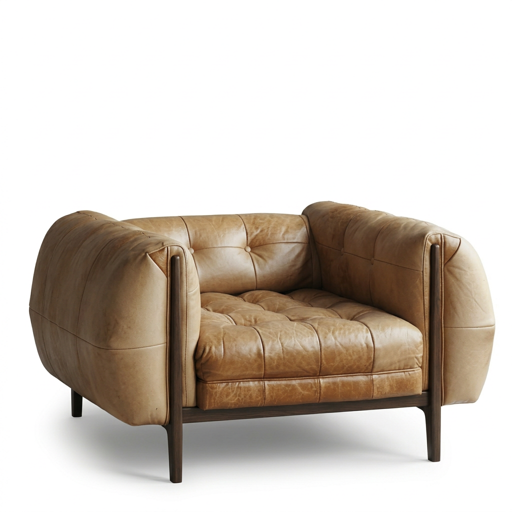 AI-reconstructed left three-quarter view of Renwick tan tufted armchair on a white background
