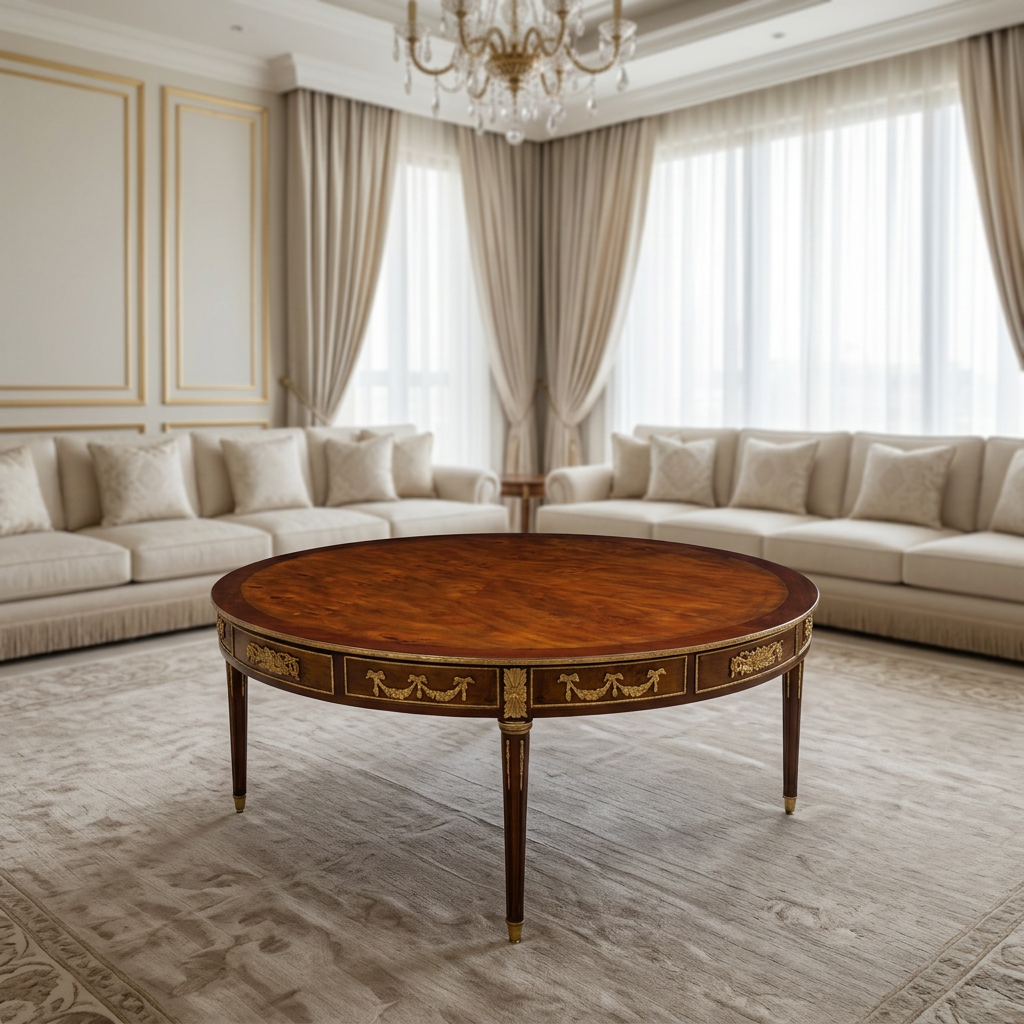 Round apple root veneer coffee table in a luxury majlis