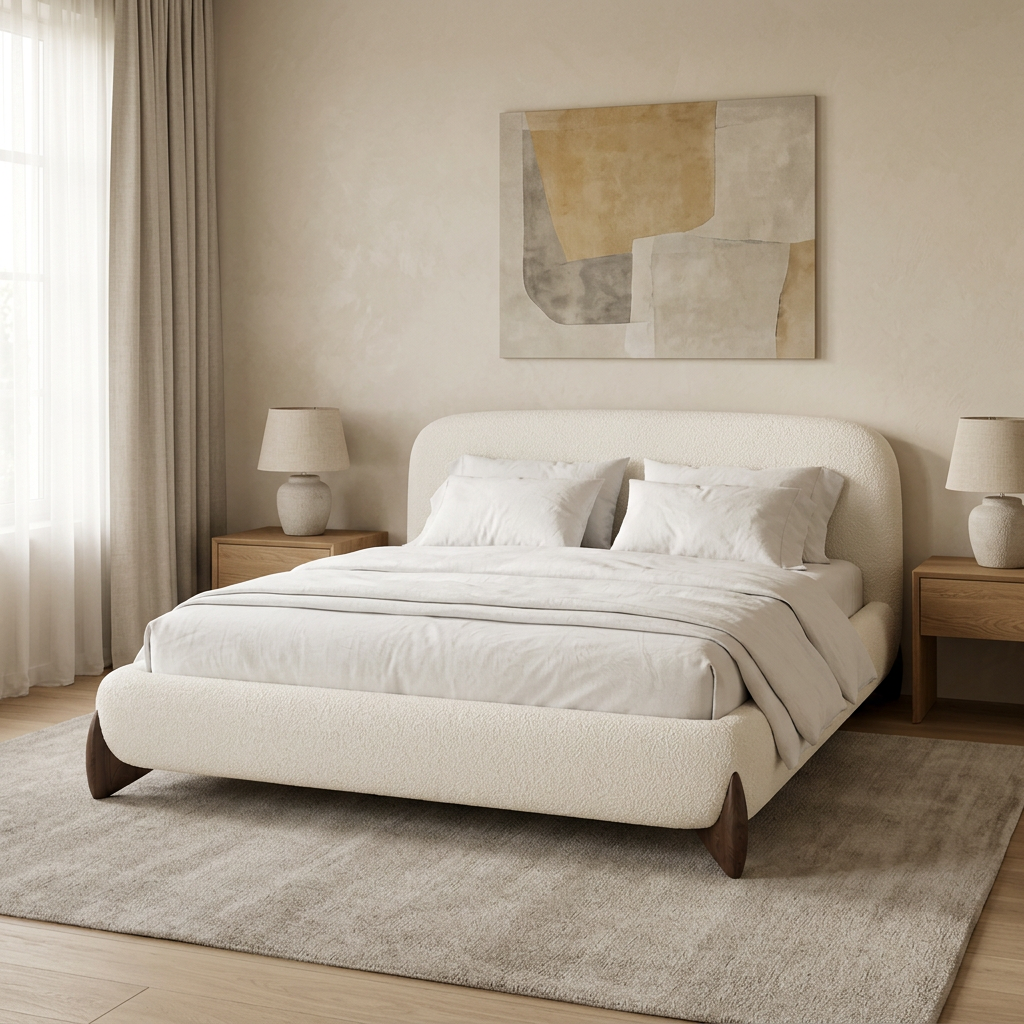 Avena off-white boucle bed in a contemporary bedroom