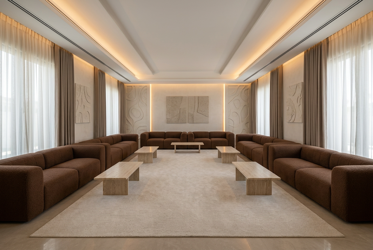 Connected modern majlis sofas in chocolate brown bouclé with coffee tables and curtains