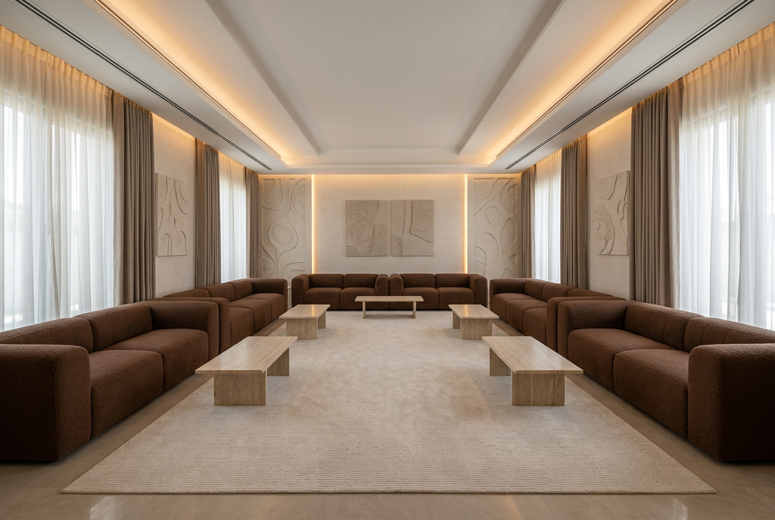 Connected modern majlis sofas in chocolate brown bouclé with coffee tables and curtains