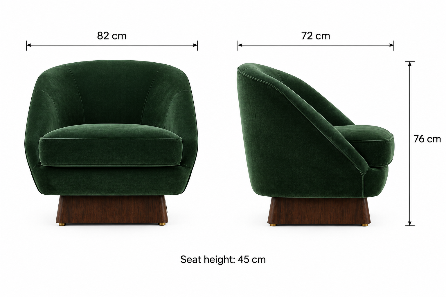 Verdant Velvet Swivel Arm Chair: 82 cm wide, 72 cm deep, 76 cm overall height, 45 cm seat height