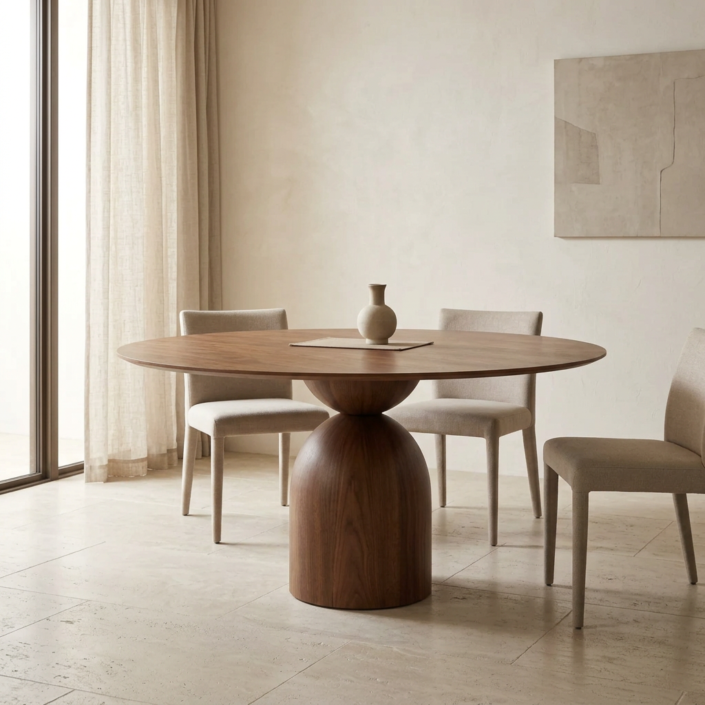 Avelis round walnut dining table in a contemporary dining room