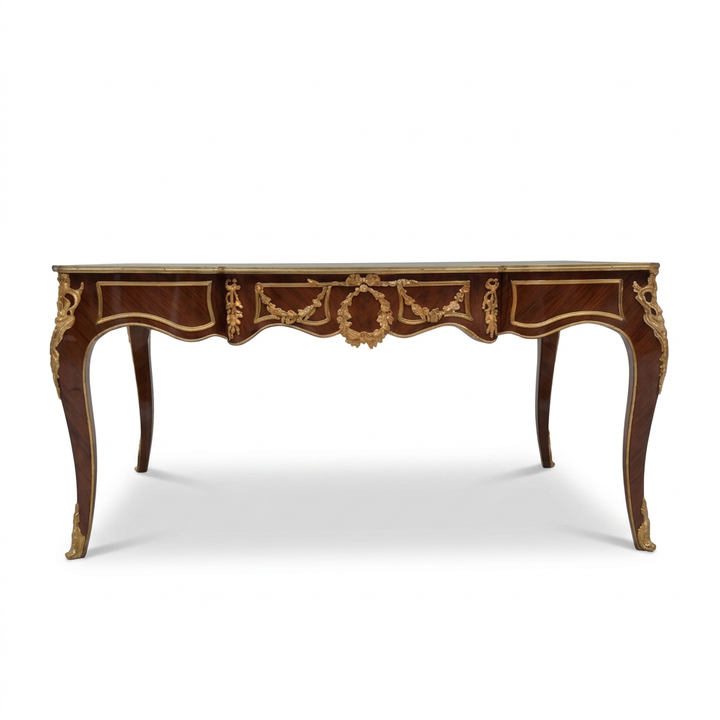 Valloris dark wood coffee table with brass inlay, straight elevation on white