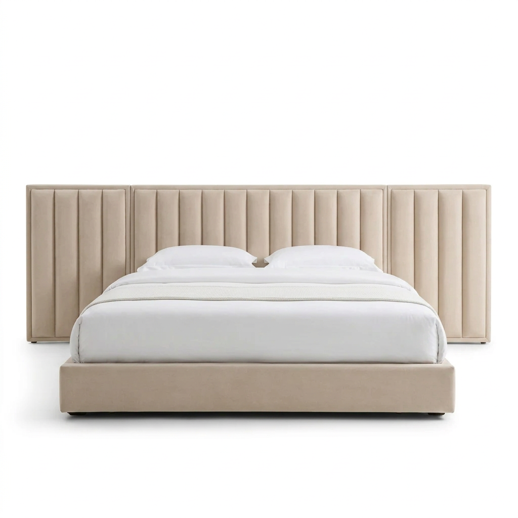 Tower channel-tufted upholstered bed in beige, front view