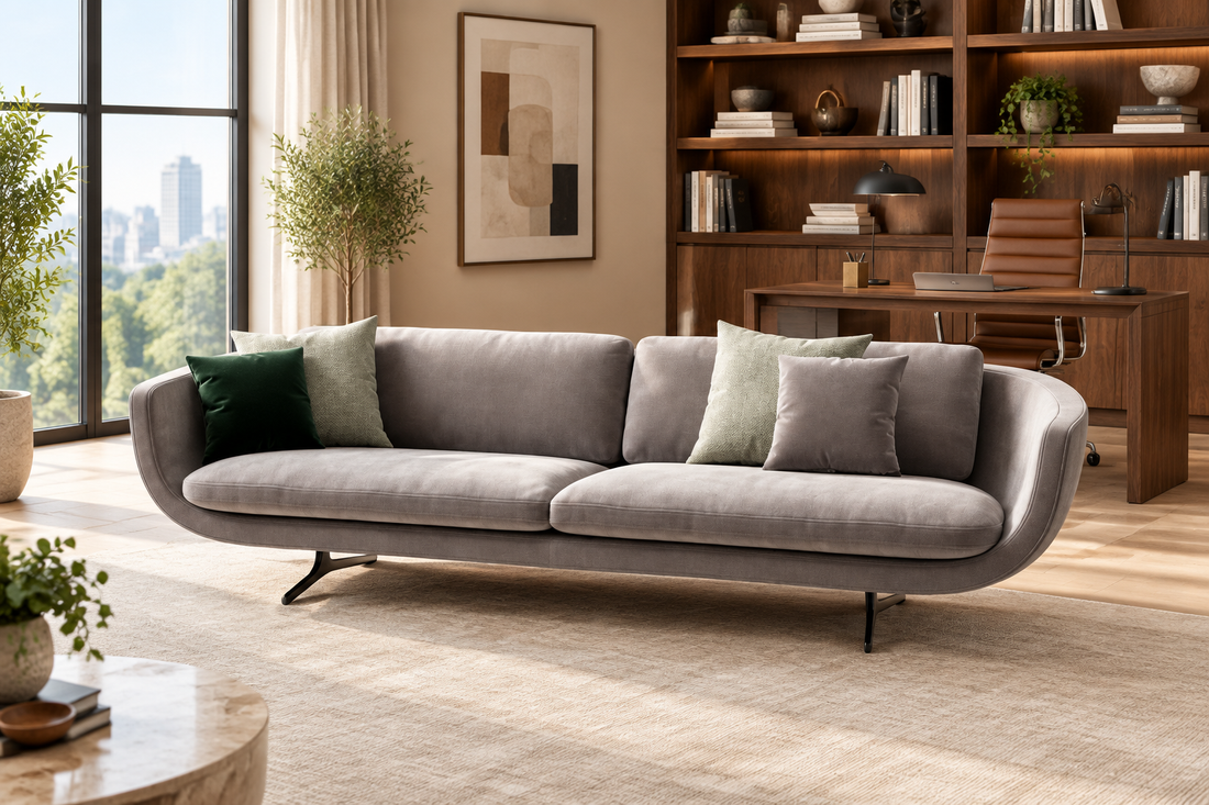 Arden light gray sofa in a modern home office