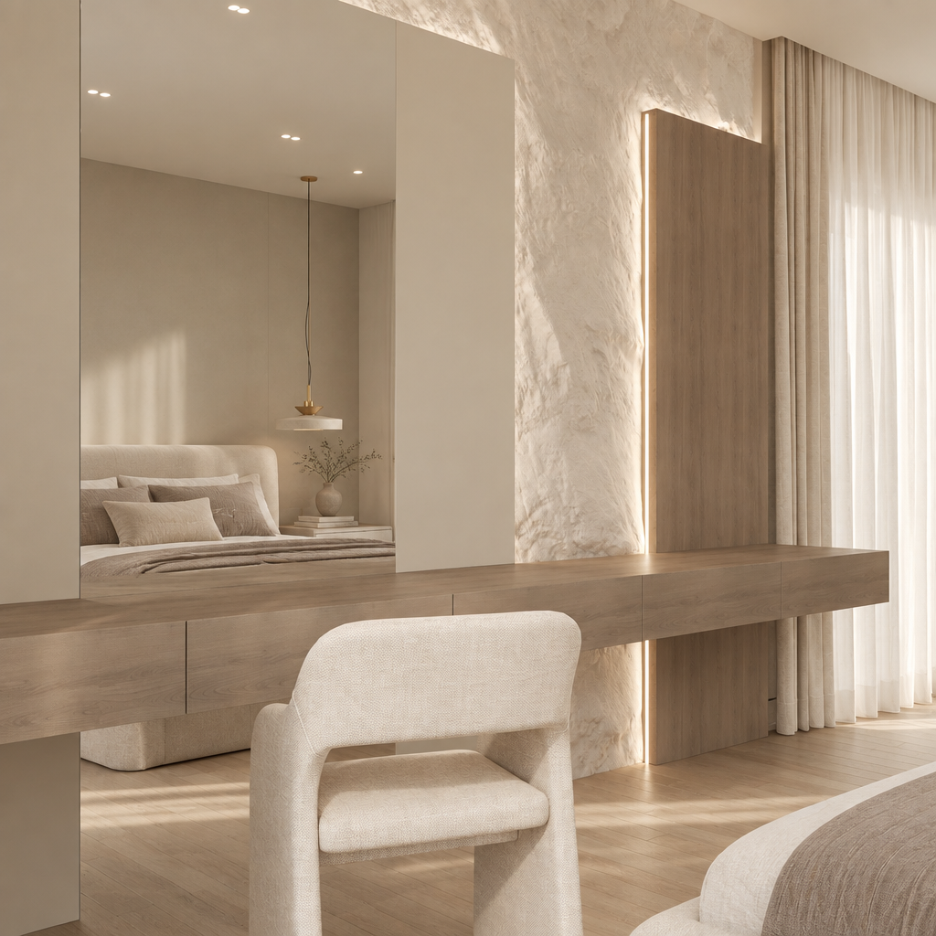 Marbella Vanity Wall in a matching modern bedroom, angled view