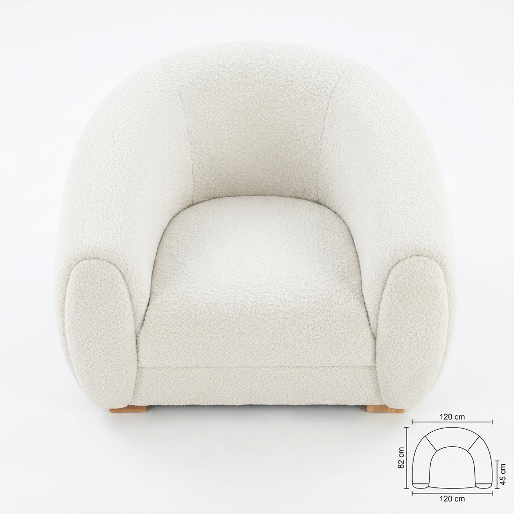 Cavelle ivory bouclé armchair, overhead view on white