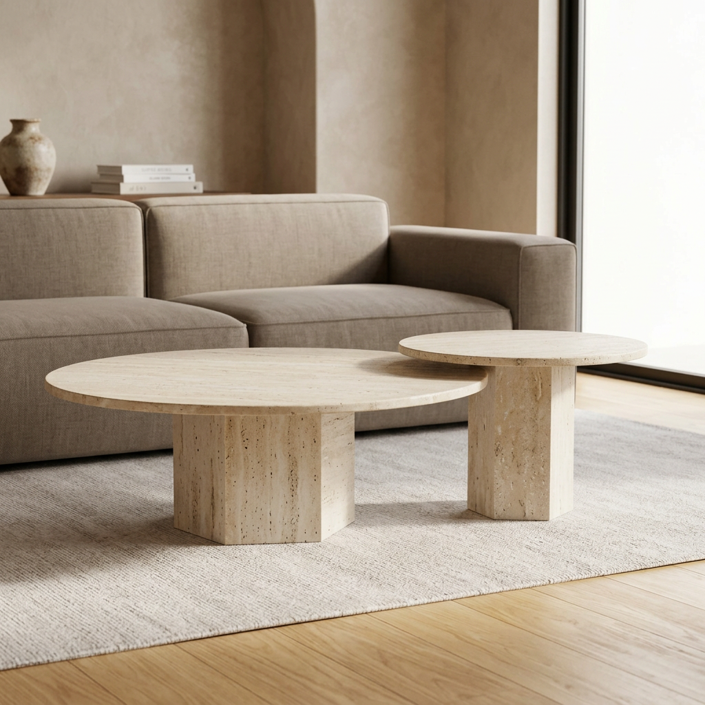 Orva stone coffee table set in a styled living room