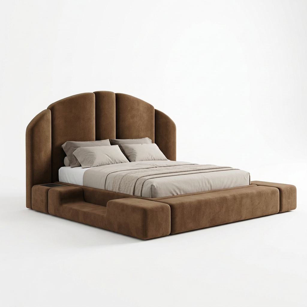 Vela arched upholstered bed in brown fabric