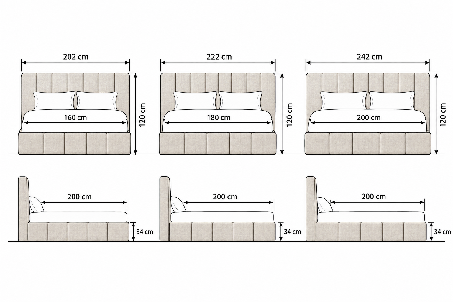 Alder bed Queen, King and Superking dimension chart: mattress widths 160/180/200 cm, length 200 cm; headboard widths 202/222/242 cm, height 120 cm; base height 34 cm