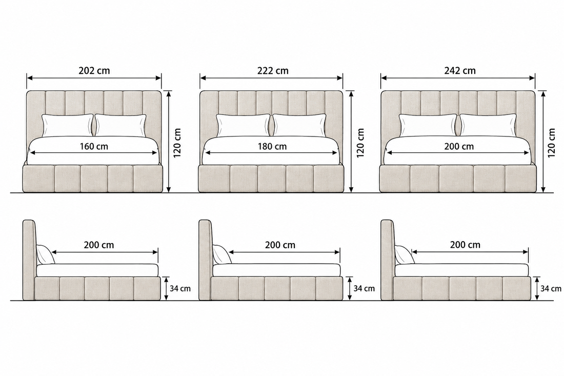 Alder bed Queen, King and Superking dimension chart: mattress widths 160/180/200 cm, length 200 cm; headboard widths 202/222/242 cm, height 120 cm; base height 34 cm