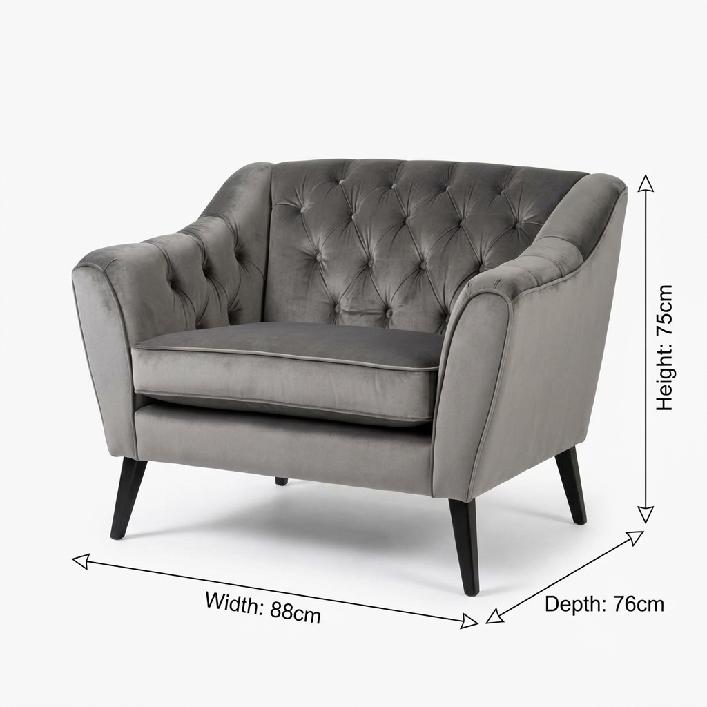 Corvelle armchair dimensions: 88 cm wide, 76 cm deep, 75 cm high