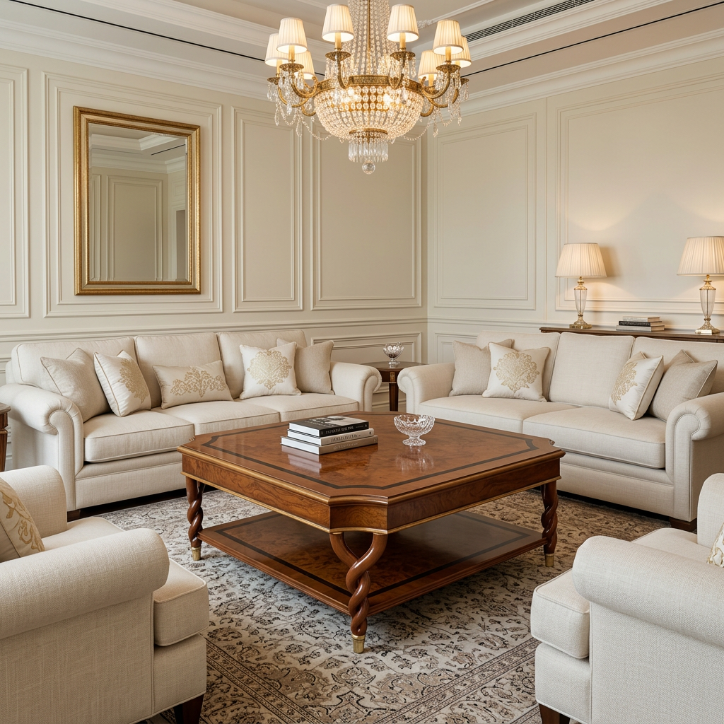 Valcour Burl Coffee Table displayed in a luxury salon