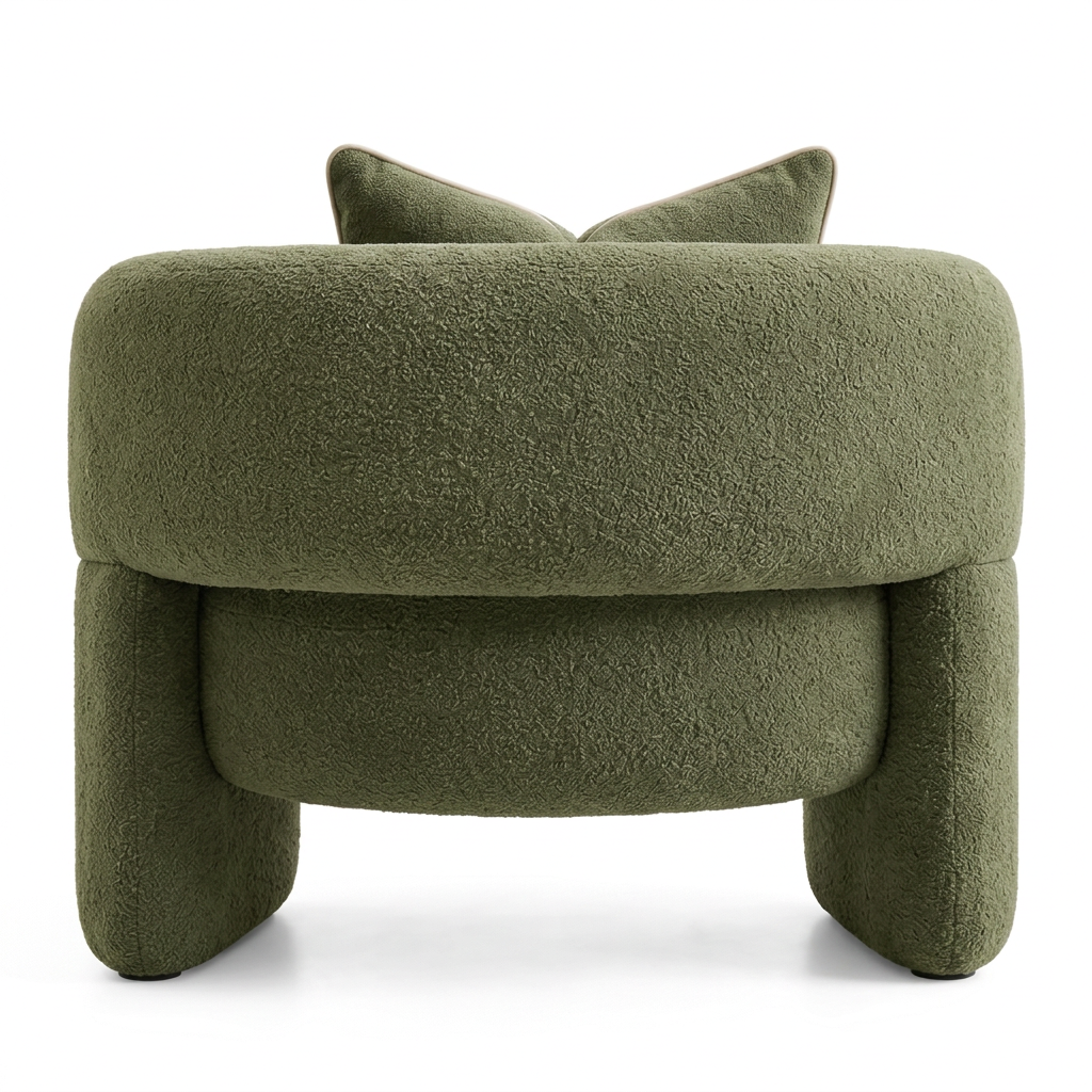 Riva olive green bouclé armchair back view on white
