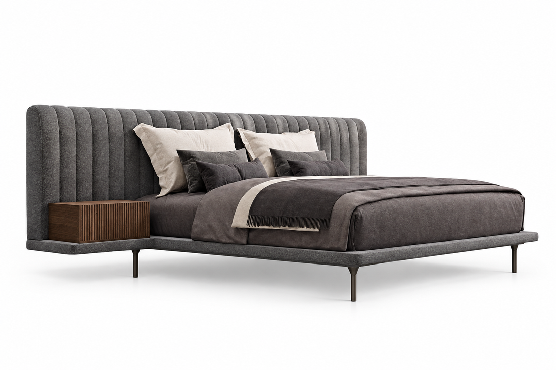 Opal gray channel-tufted fabric bed on a clean white background