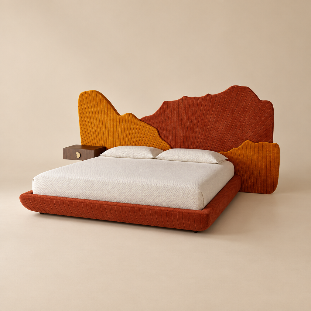 Ginko sculptural upholstered bed with exposed frame