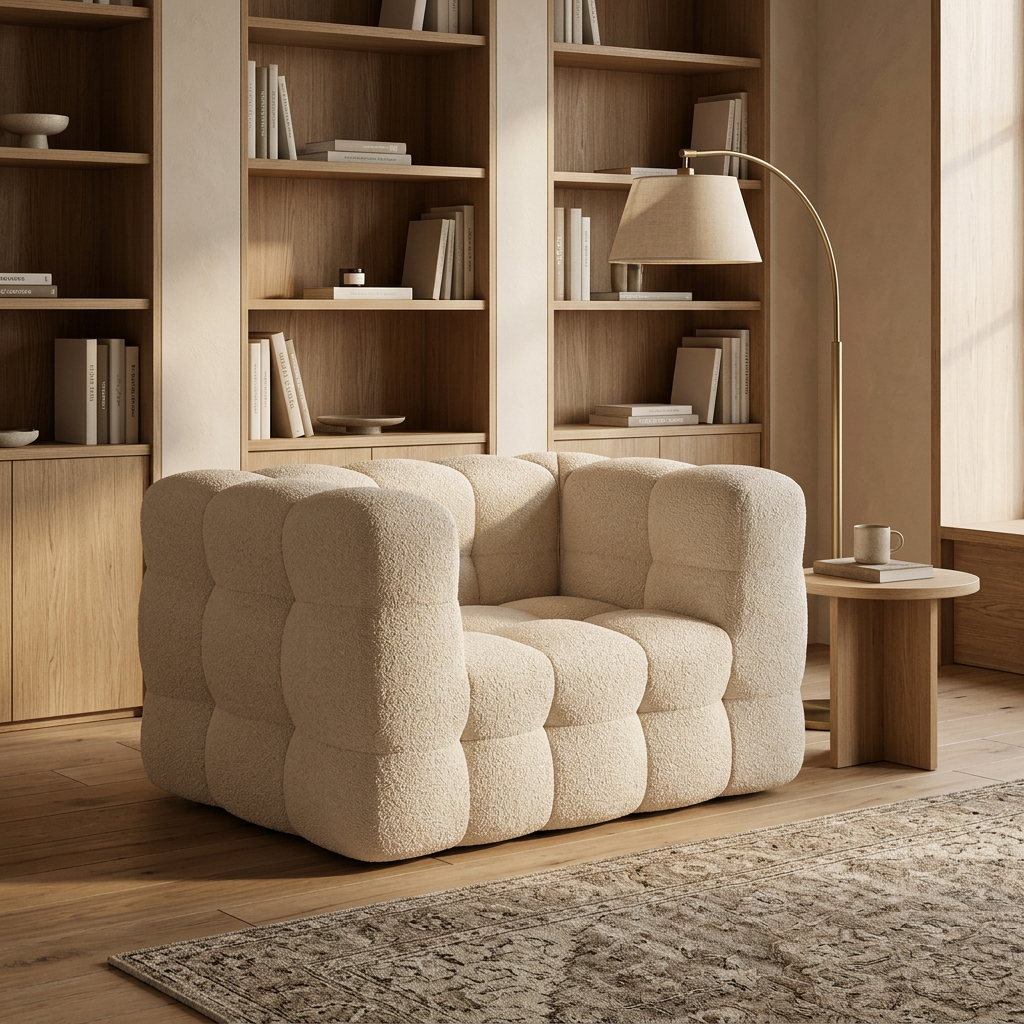 Osvira tufted beige bouclé armchair styled in a warm reading room