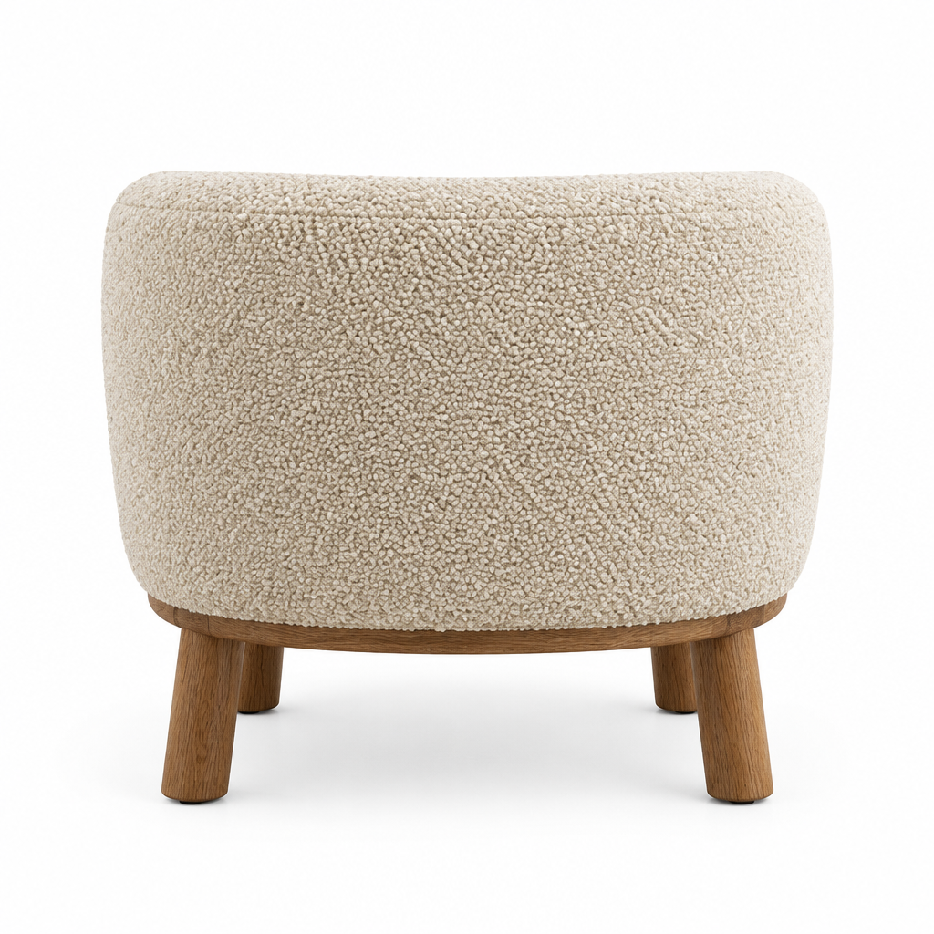 Marlow Bouclé Barrel Arm Chair back view in ivory on white