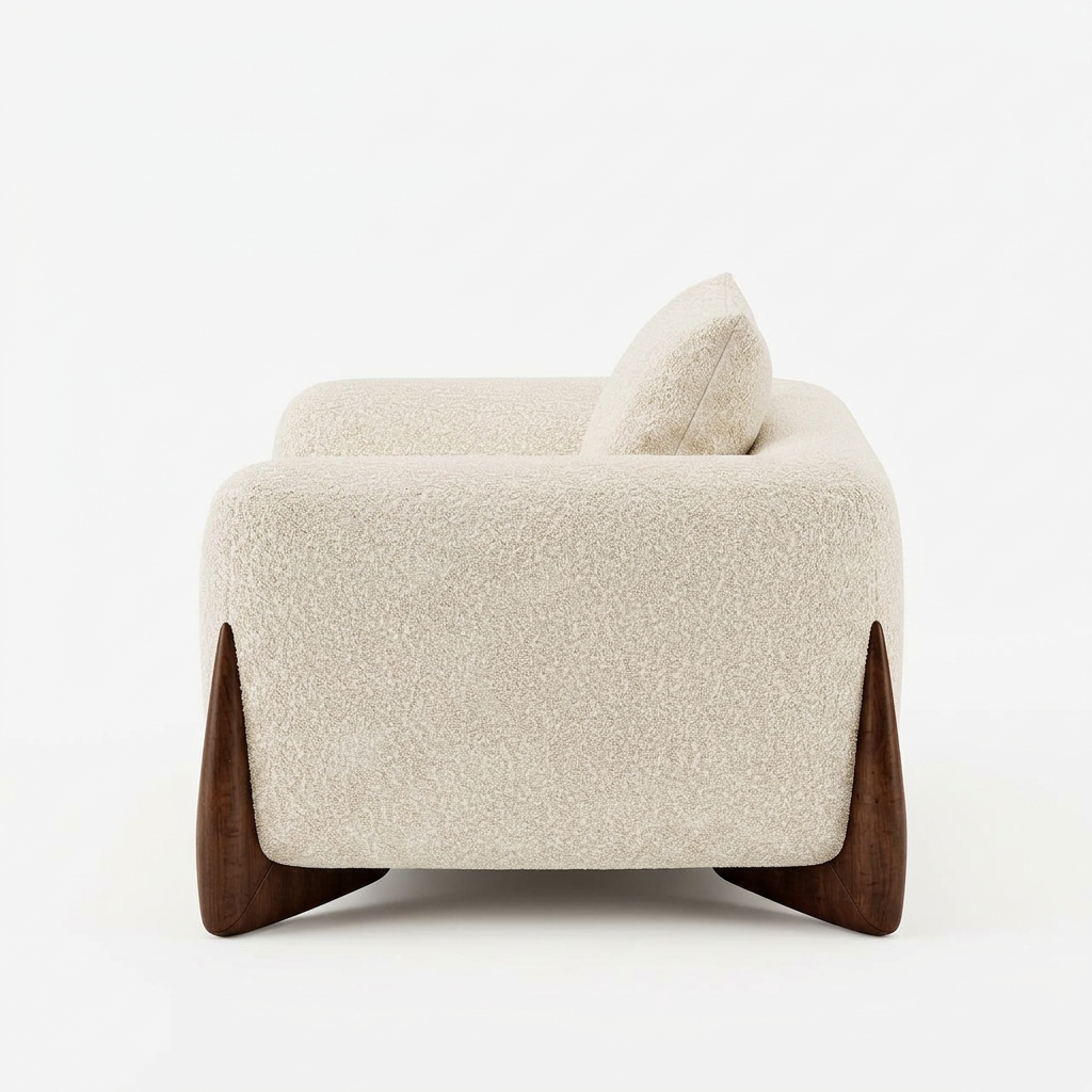 Nerelle beige bouclé armchair, right-side view on white