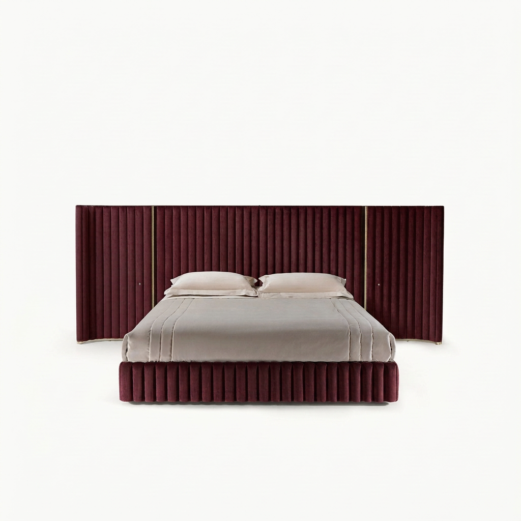 Neris wide channel upholstered bed in dark-red fabric
