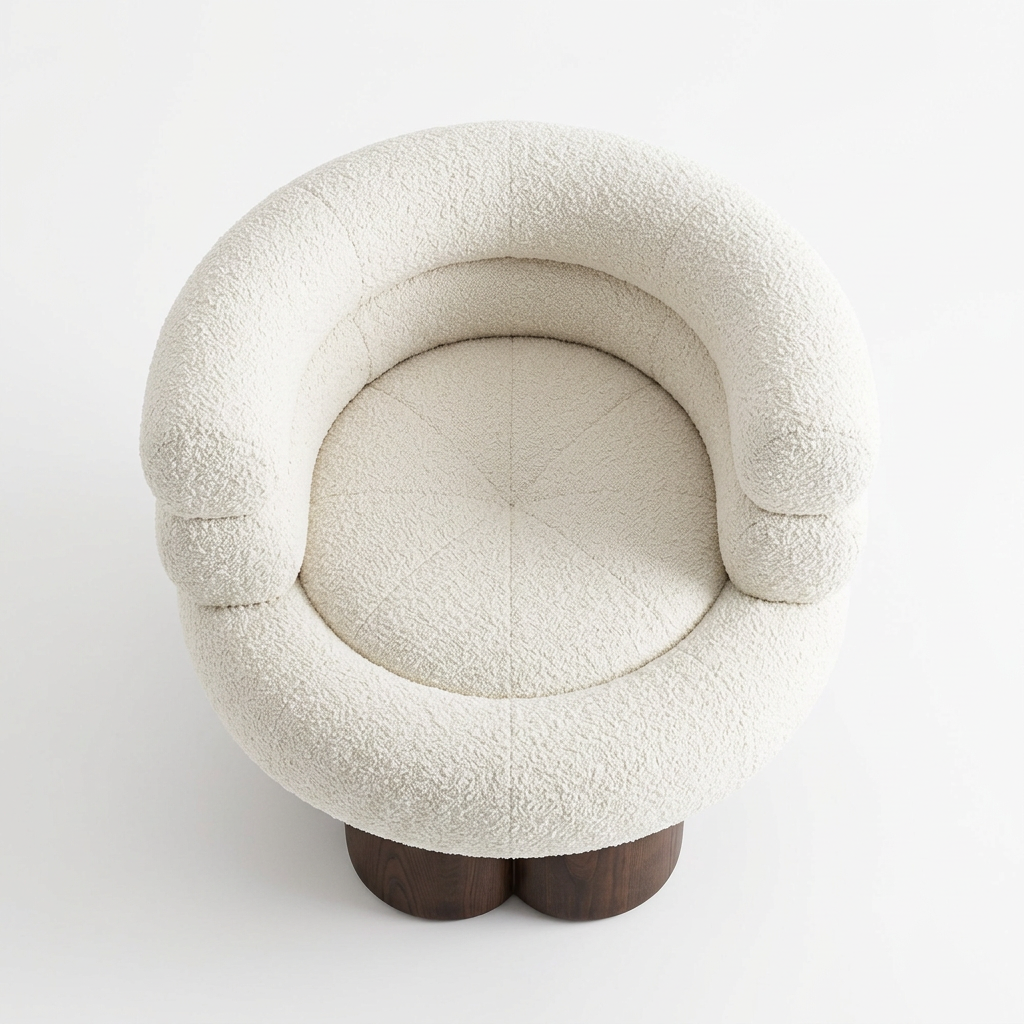 Avenelle ivory bouclé armchair, overhead view on white