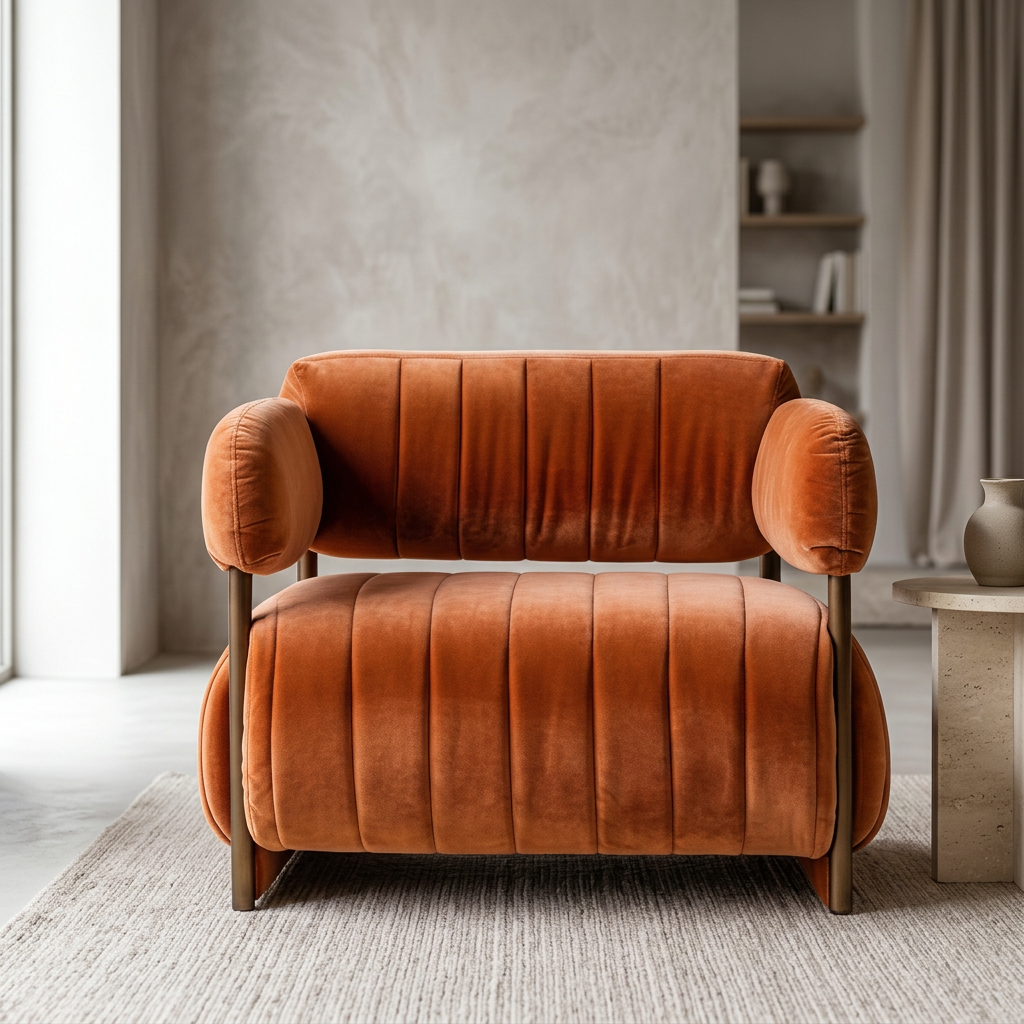 Rovelle orange velvet armchair front view in a bright living room