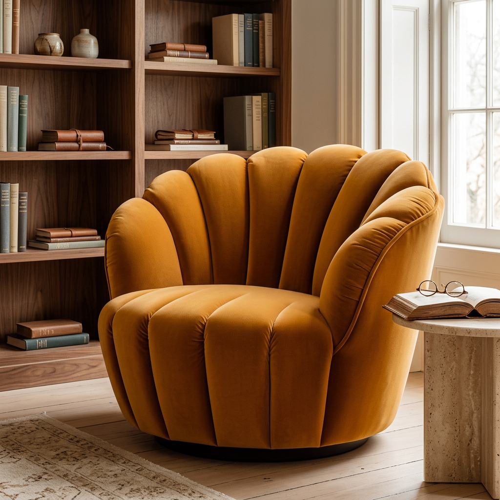 Iselle mustard velvet armchair displayed in a walnut reading room