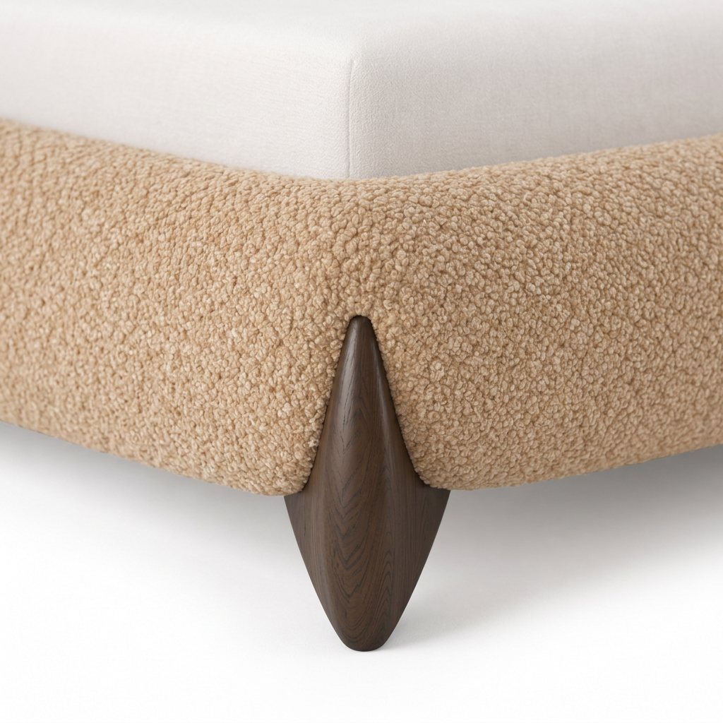 Avena caramel-oat boucle upholstery and angled wooden foot detail