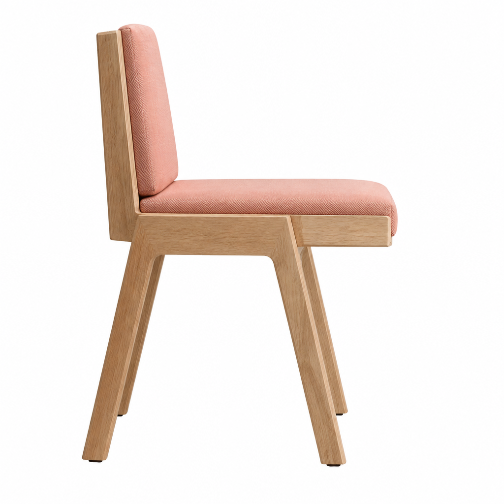 Rowan pink wood dining chair side view on white