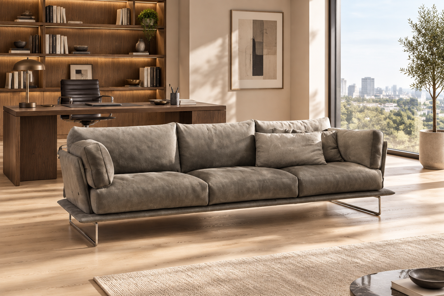 Torin gray three-seater sofa in a modern home office