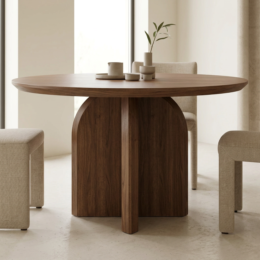 Orvella walnut-brown round dining table, front view in a contemporary dining room