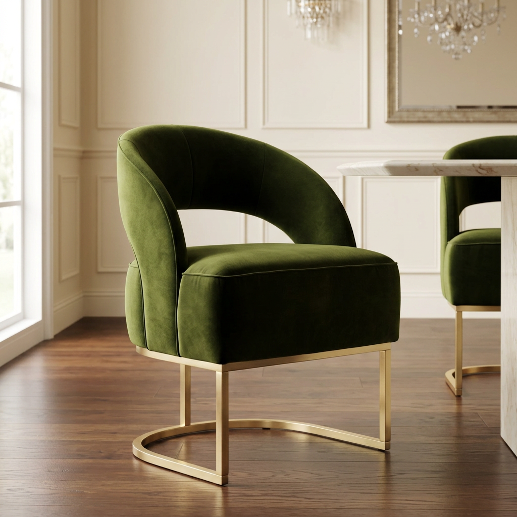 Virenne green upholstered and gold dining chair in a luxury dining room