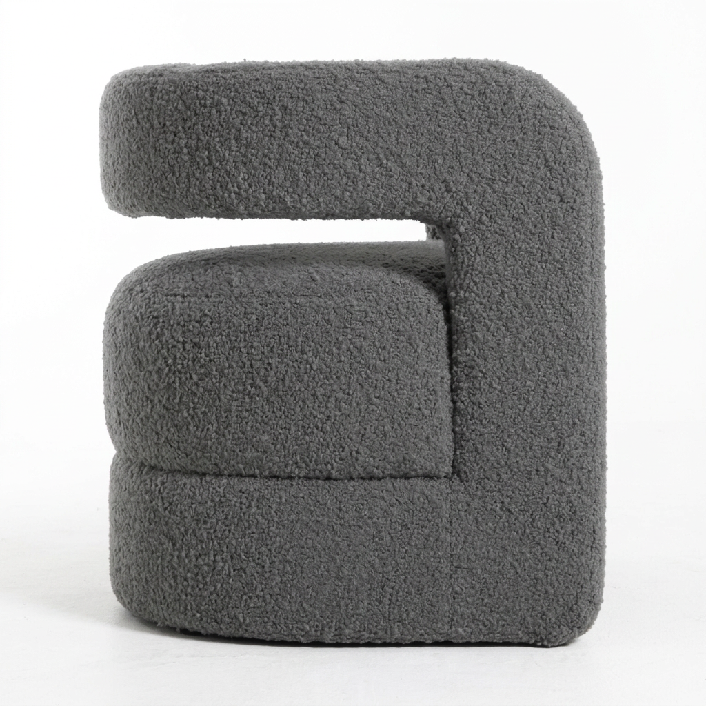 Elaris grey bouclé armchair, right-side view on white