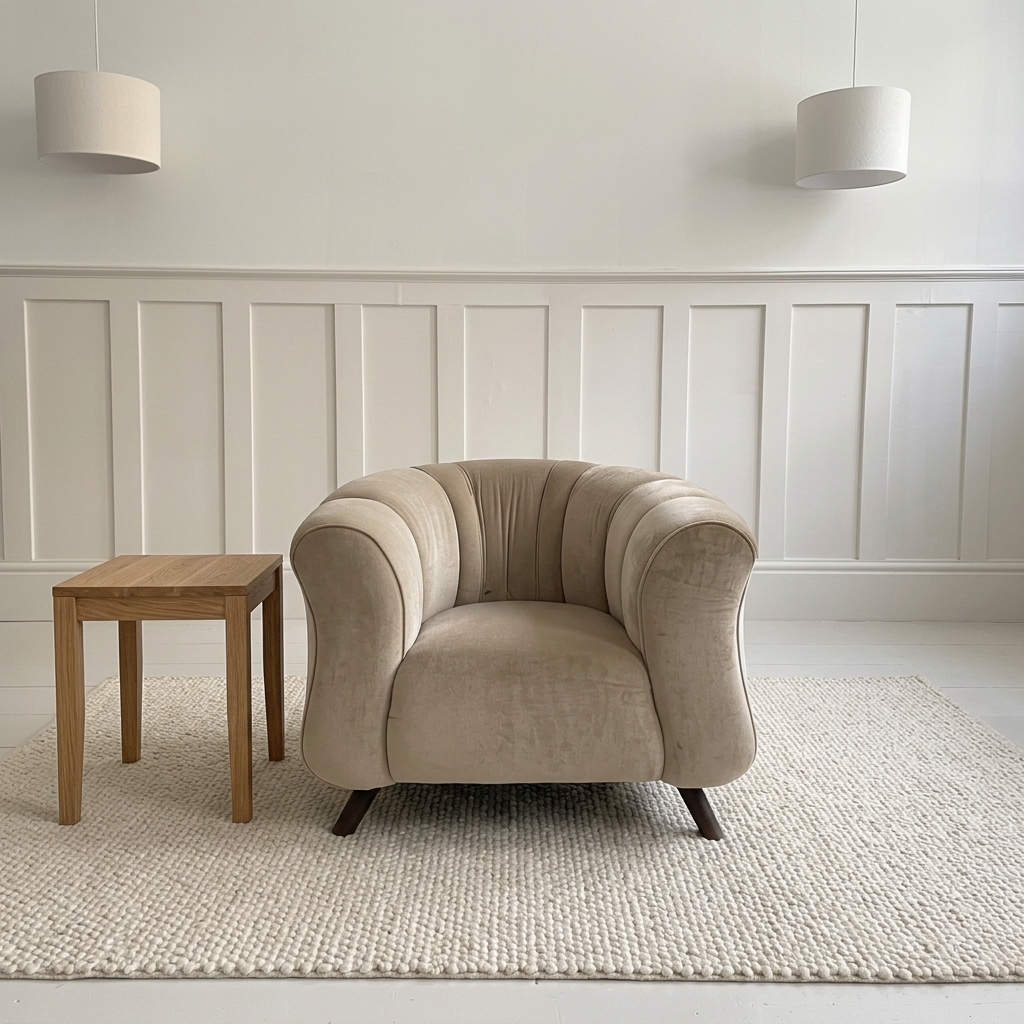 Front view of Bellora beige armchair in a bright neutral living room