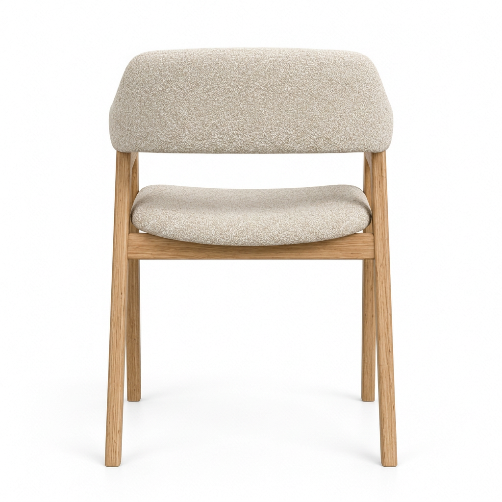 Elaris oat boucle and oak dining chair, back view on white