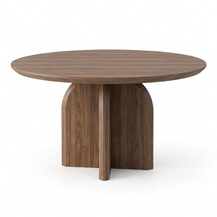 Orvella round walnut-brown veneer dining table, front view on white background