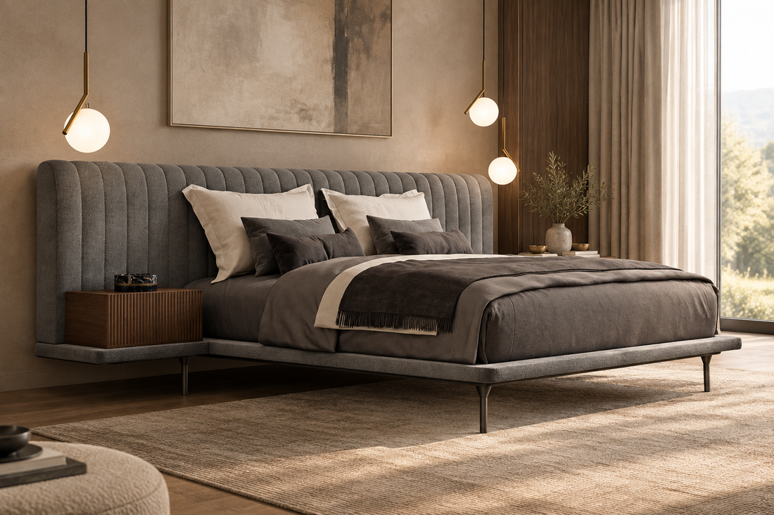 Opal gray channel-tufted fabric bed in a softly lit luxury bedroom