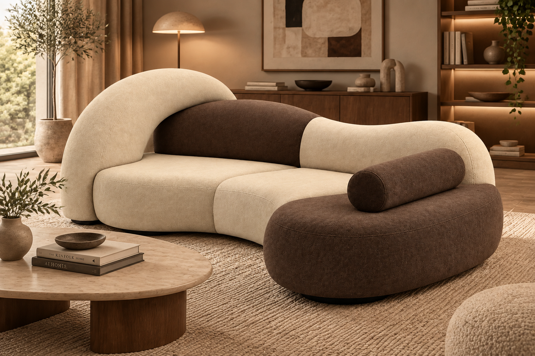 Duo Sofa in warm beige and chocolate brown, close view