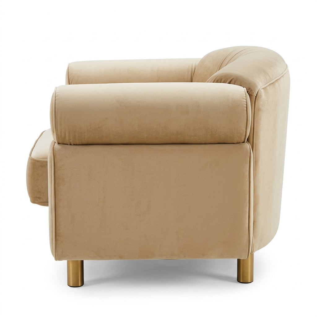 AI-reconstructed right-side view of Elowen beige rounded-arm chair