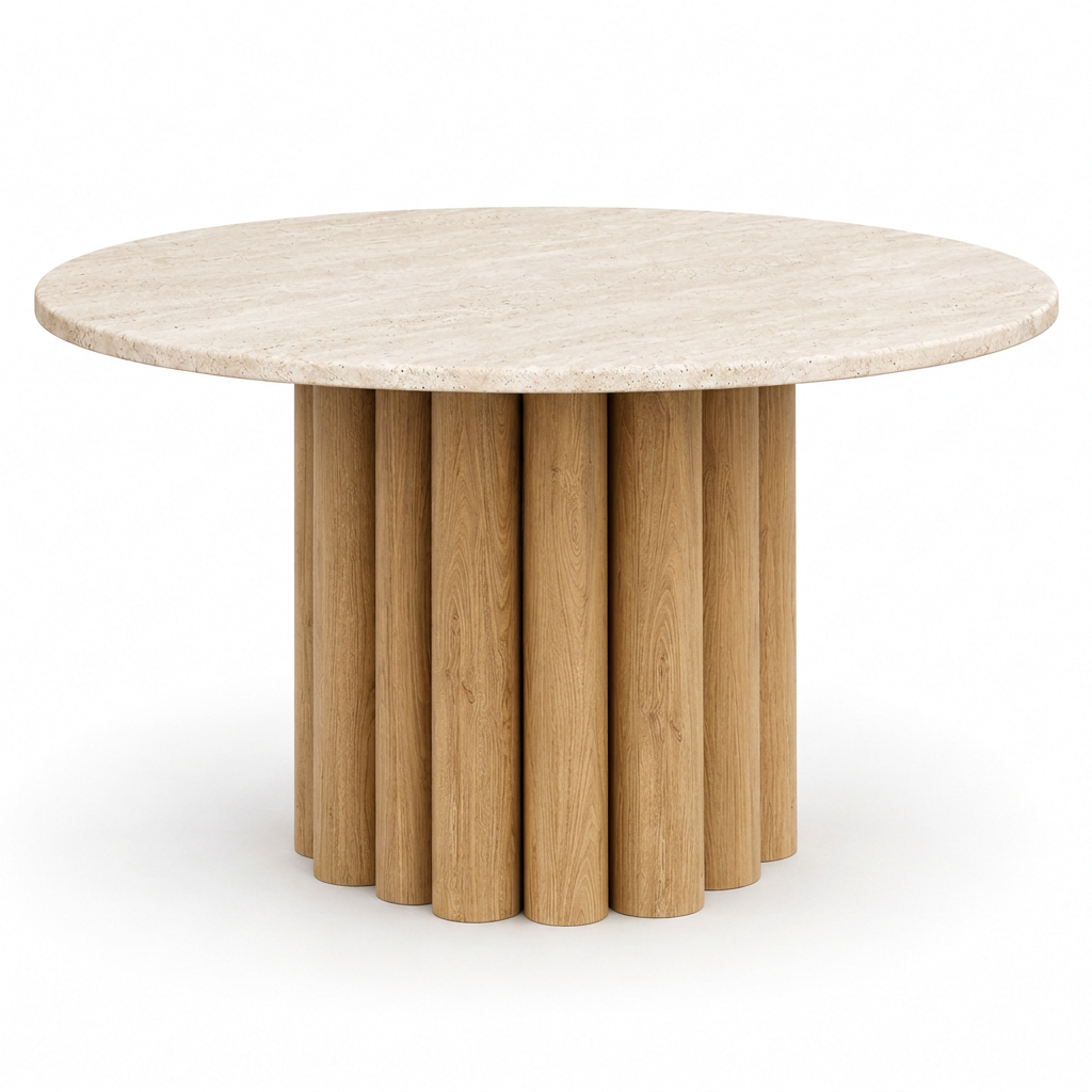 Elowen round travertine and light oak-toned dining table, front view on white