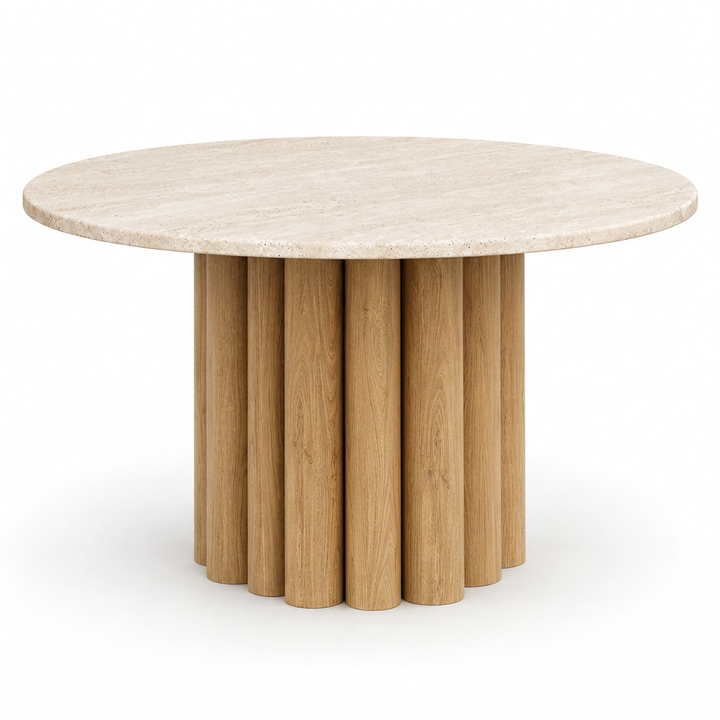 Elowen round travertine and light oak-toned dining table, front view on white