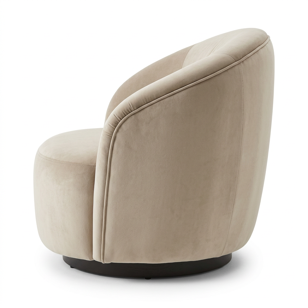 AI-reconstructed left-side view of Orelle beige barrel armchair