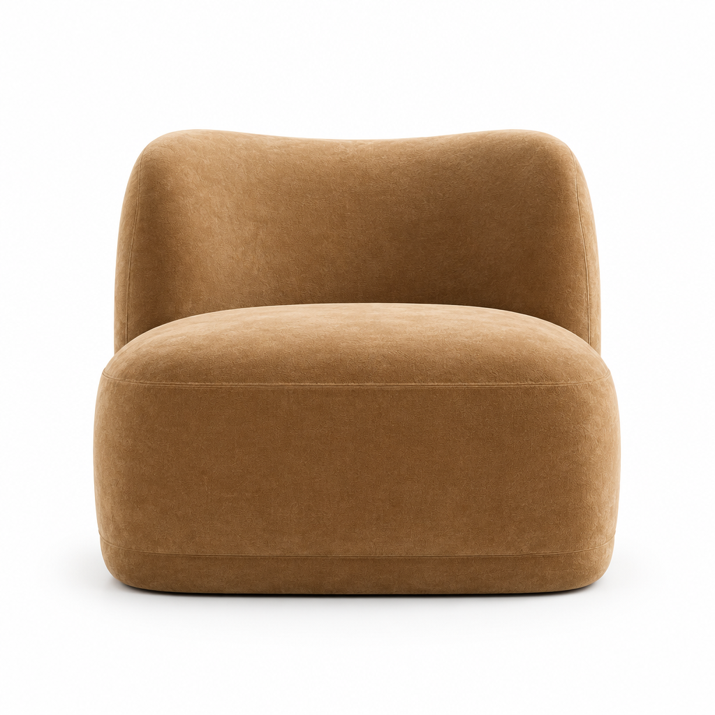 Luma Curved Velvet Arm Chair front view in camel on white
